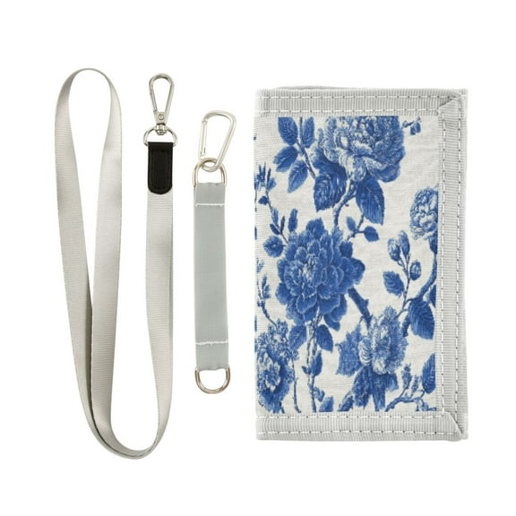 Cloth Wallet with Lanyard & Multiple Compartments Fashion Purse Zipper Clutch Bag for Cash Cards Coins Blue Floral