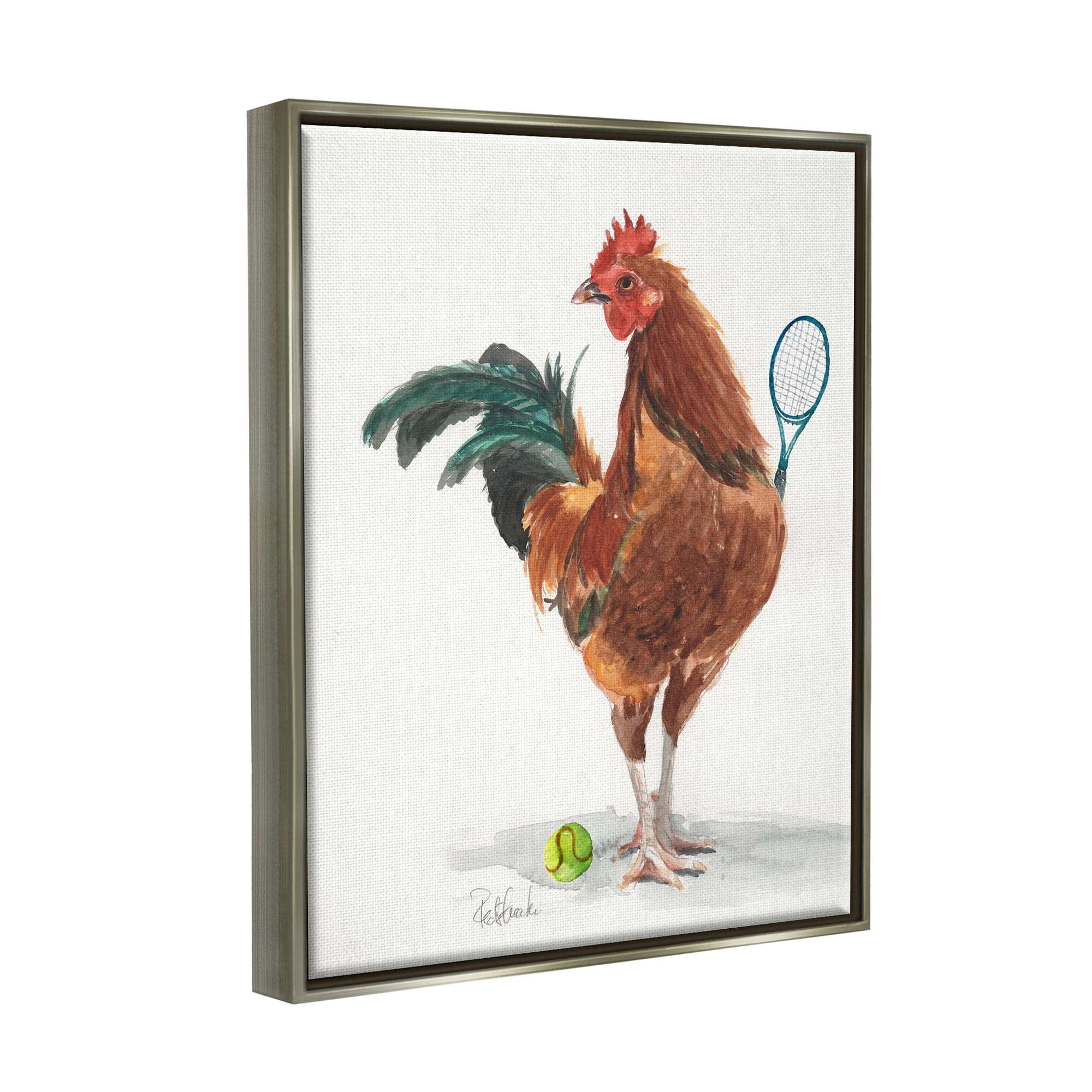 Stupell Industries Chicken Hen Playing Tennis Athletic Farm Animal Painting Luster Gray Floating Framed Canvas Print Wall Art, Design by Jennifer Redstreake