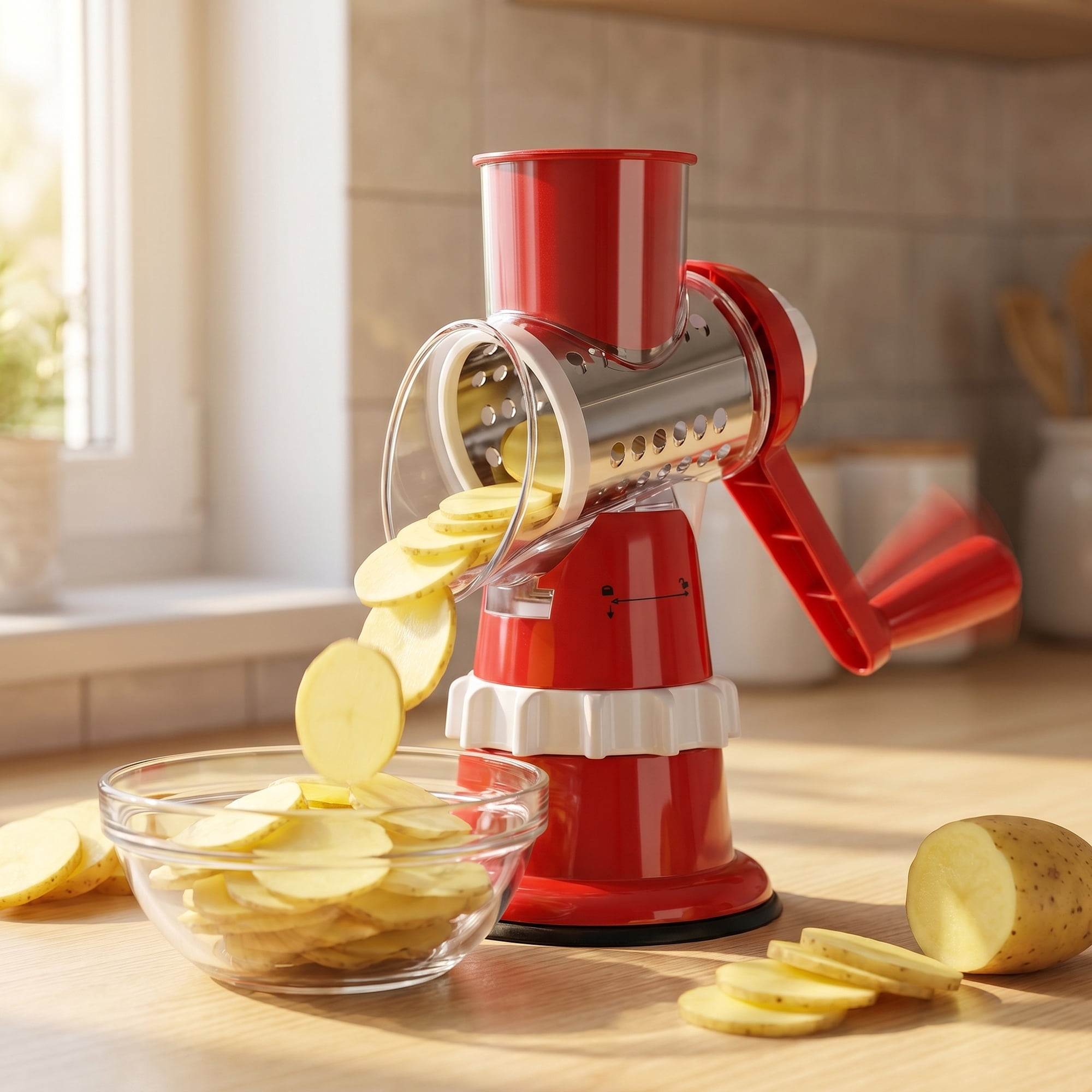 Unique Bargains 3-in-1 Rotary Chopper Manual Slicer with 3 Drums Red 7.7" x 5.2"