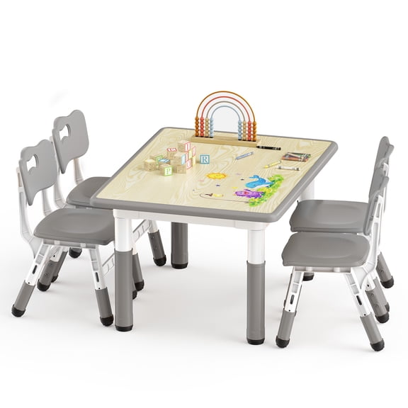 LINLUX Kids Table and 4 Chairs Set, Height Adjustable Table & Chairs, Spacious Activity Table for Toddlers, Gray