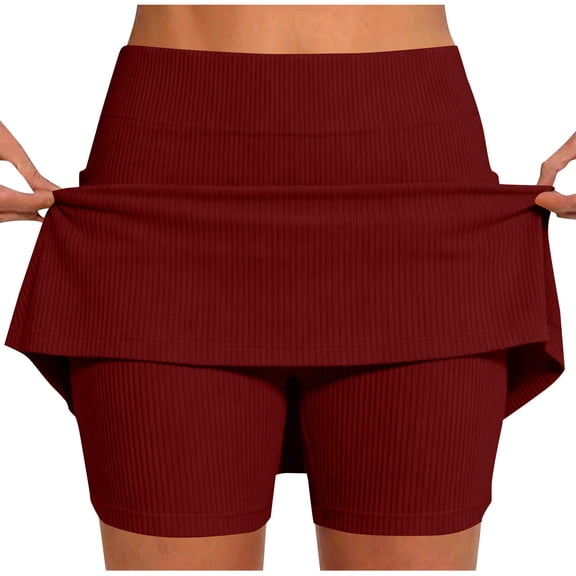 Ymauqau Skorts for Women High Waisted Ribbed Knit Athletic Casual Tennis Skirts with Shorts Pockets Mini Workout Skorts