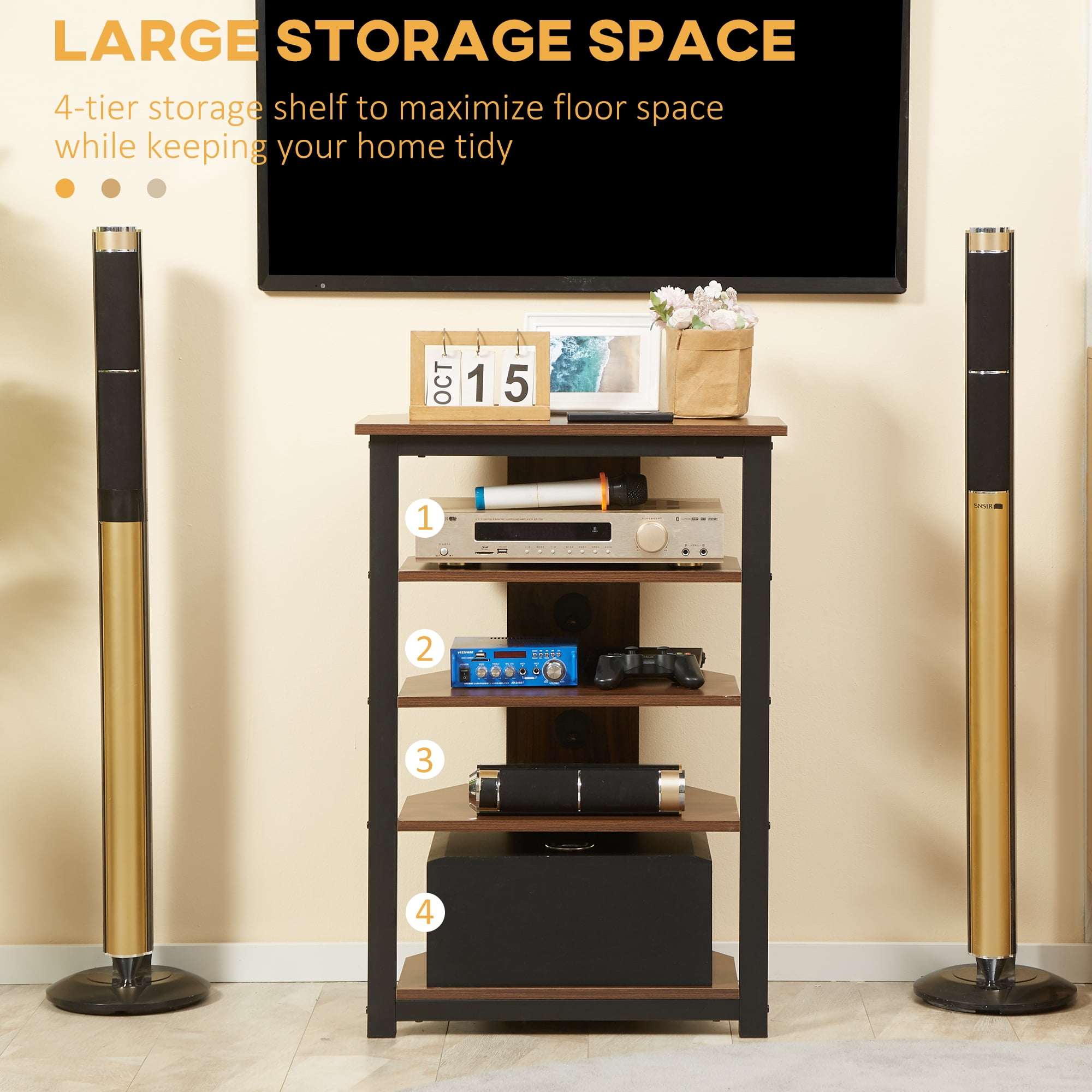 HOMCOM TV Stand, AV Media Stand, Corner Audio Tower with Storage Shelves and Steel Frame, Living Room Storage, Brown