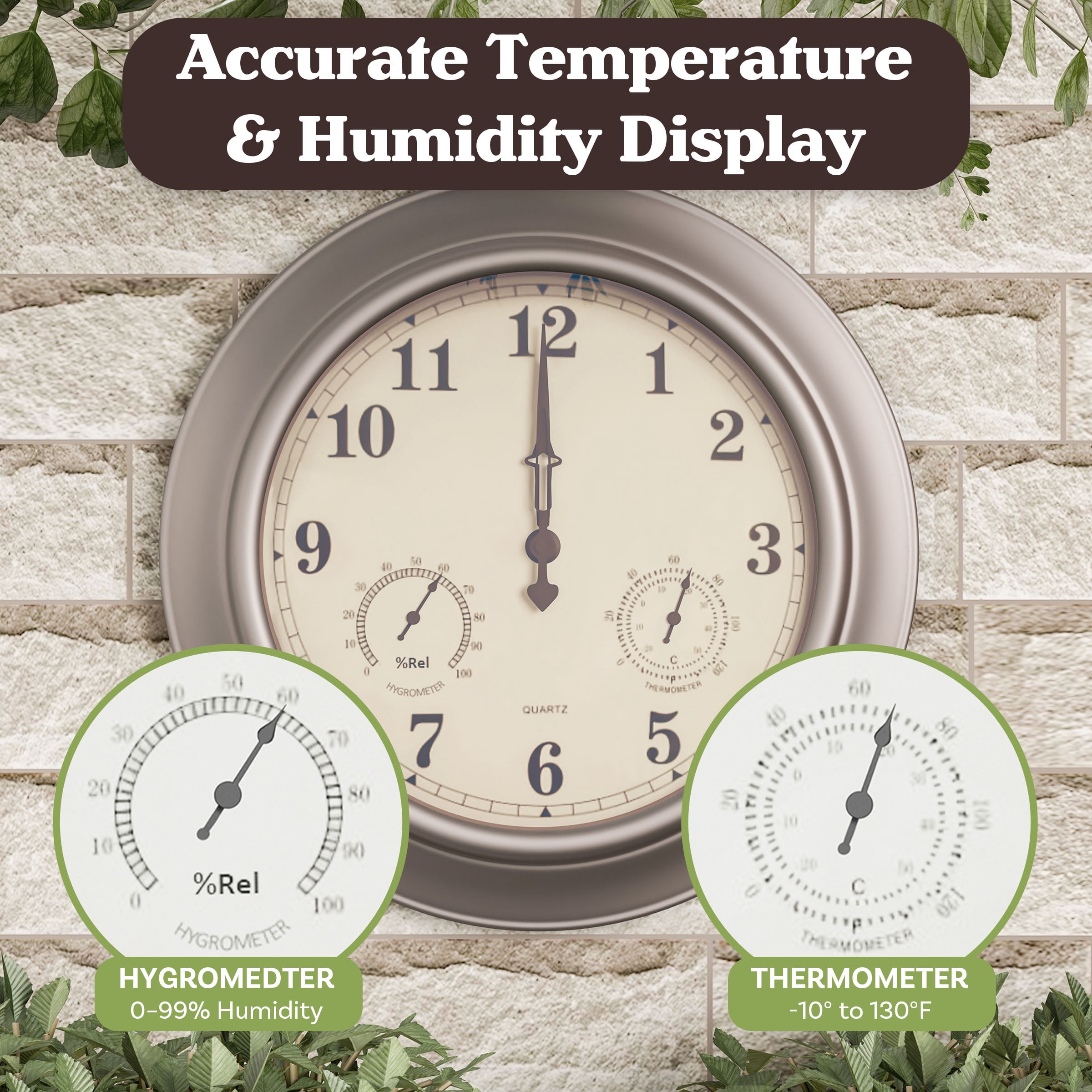 Pure Garden 18in Waterproof Indoor Outdoor Clock Thermometer Combo, Silver