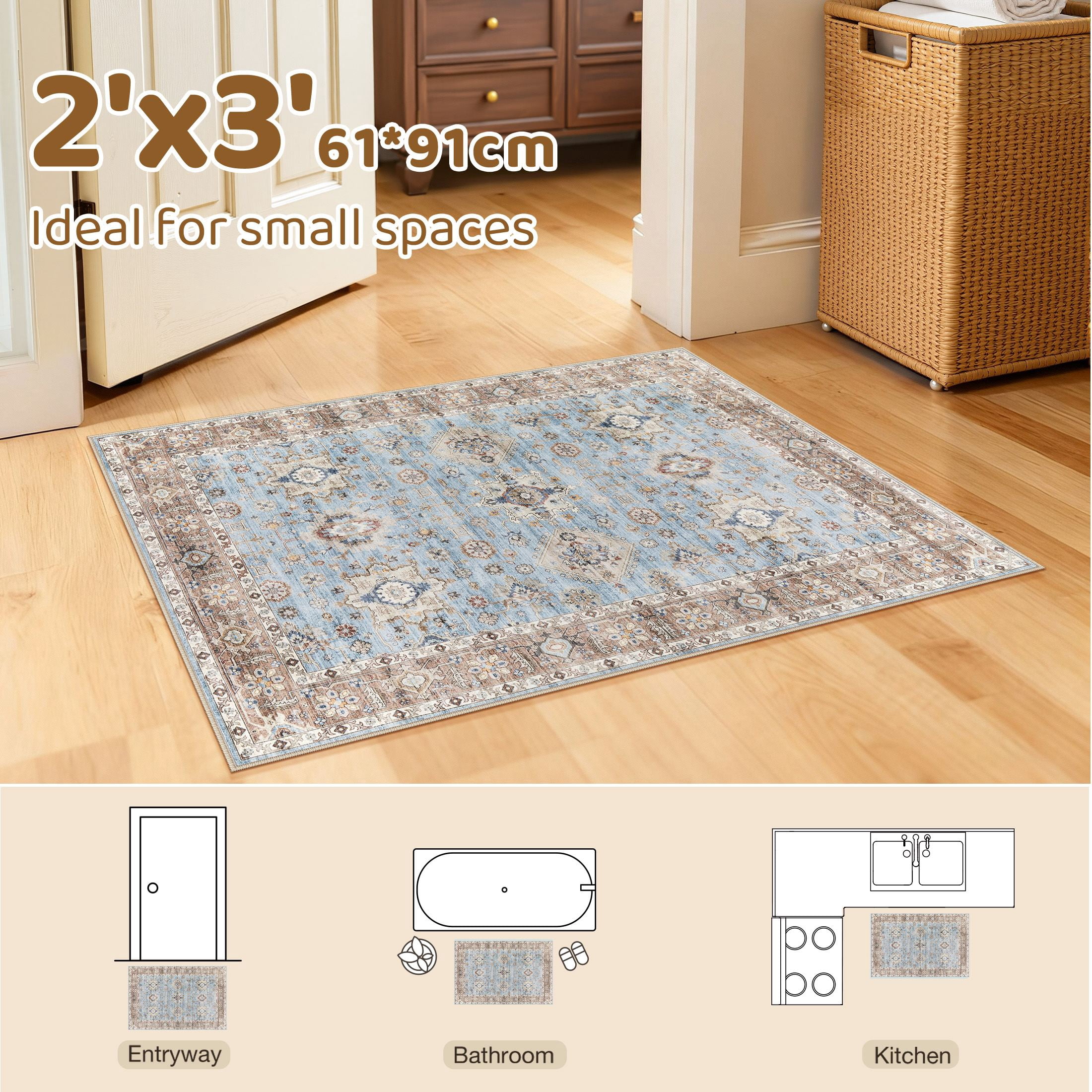 Uermei 2'x3' Small Washable Area Rug: Non-Slip Stain-Resistant Durable Indoor Mat for Entryway, Kitchen, Bedroom, Laundry, Pet & Kid-Friendly Home Decor - Brown Blue