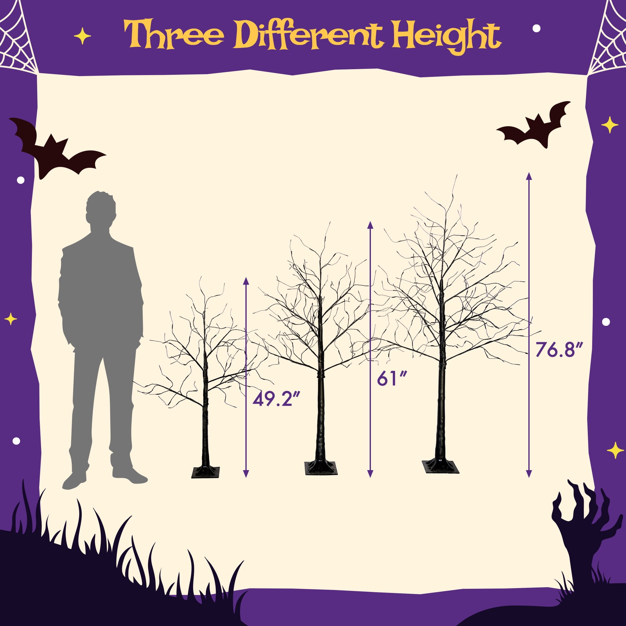 Euroco 3 Pac Halloween Spooky Tree with Purple Lights, 4FT 5FT and 6FT, Lighted Black Tree for Halloween Decoration