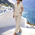 thumbnail image 7 of 2 Piece Summer Sets for Women Ndbuld Women's Summer And Linen Set Casual V-neck Top+pants Set Two-piece Set Beige L, 7 of 7
