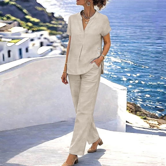 Cagogo Women Plus Size 2 Piece Outfit V Neck Short Sleeve Top Wide Leg Pants Casual Summer Travel Set Solid Loungewear Matching Tracksuits Airport Vacation Clothes, Beige 3XL