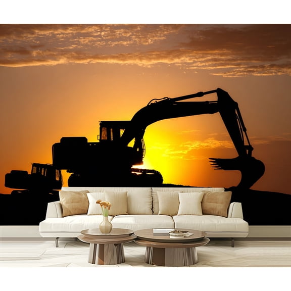 Wall Mural Peel and Stick Silhouette Bulldozer Construction Site Self-Adhesive Wallpaper Removable Wall Decal Wall Sticker Home Decor for Living Room Bedroom 100"x144"