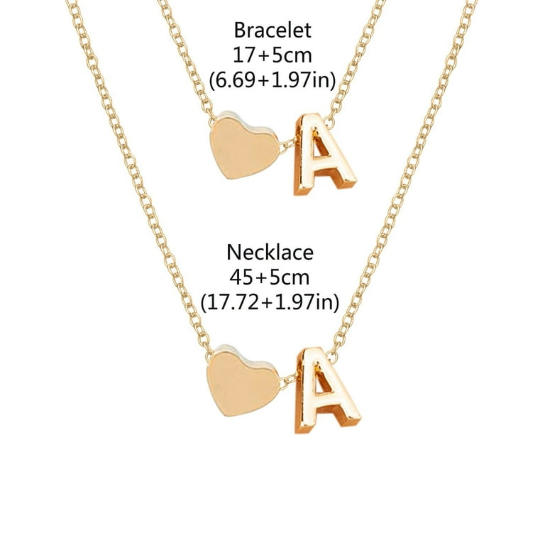Pjtewawe Body Jewelry Initial Heart Necklace Bracelet Set Gold Plated Initial Necklace A Z 26 Alphabet Letter Necklace Bracelet For Women