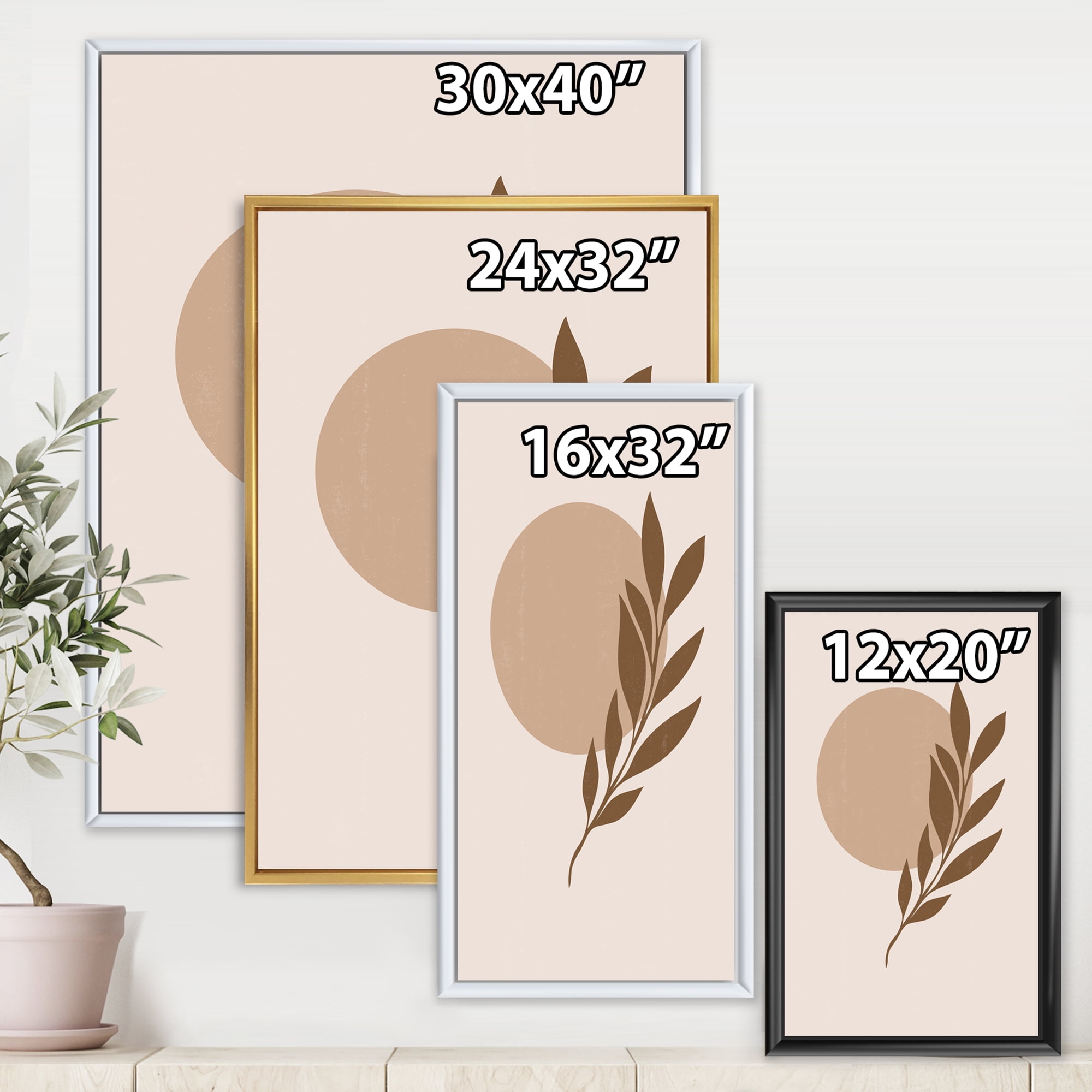 Designart 'Abstract Terracotta Moon and Sun With Tropical Leaf' Modern Framed Canvas Wall Art Print
