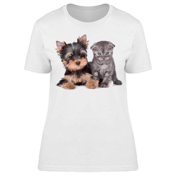 Yorkshire Terrier And Kitten Sit T-Shirt Women -Image by Shutterstock, Female Small