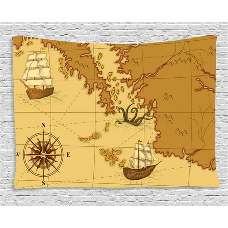 Ship Map - Kraken Decor Tapestry, Old Map with Compass and Ship Continent and Kraken Figure Artsy Print, Wall Hanging for Bedroom Living Room Dorm Decor, 60W X 40L Inches, Light Brown Yellow, by Ambesonne
