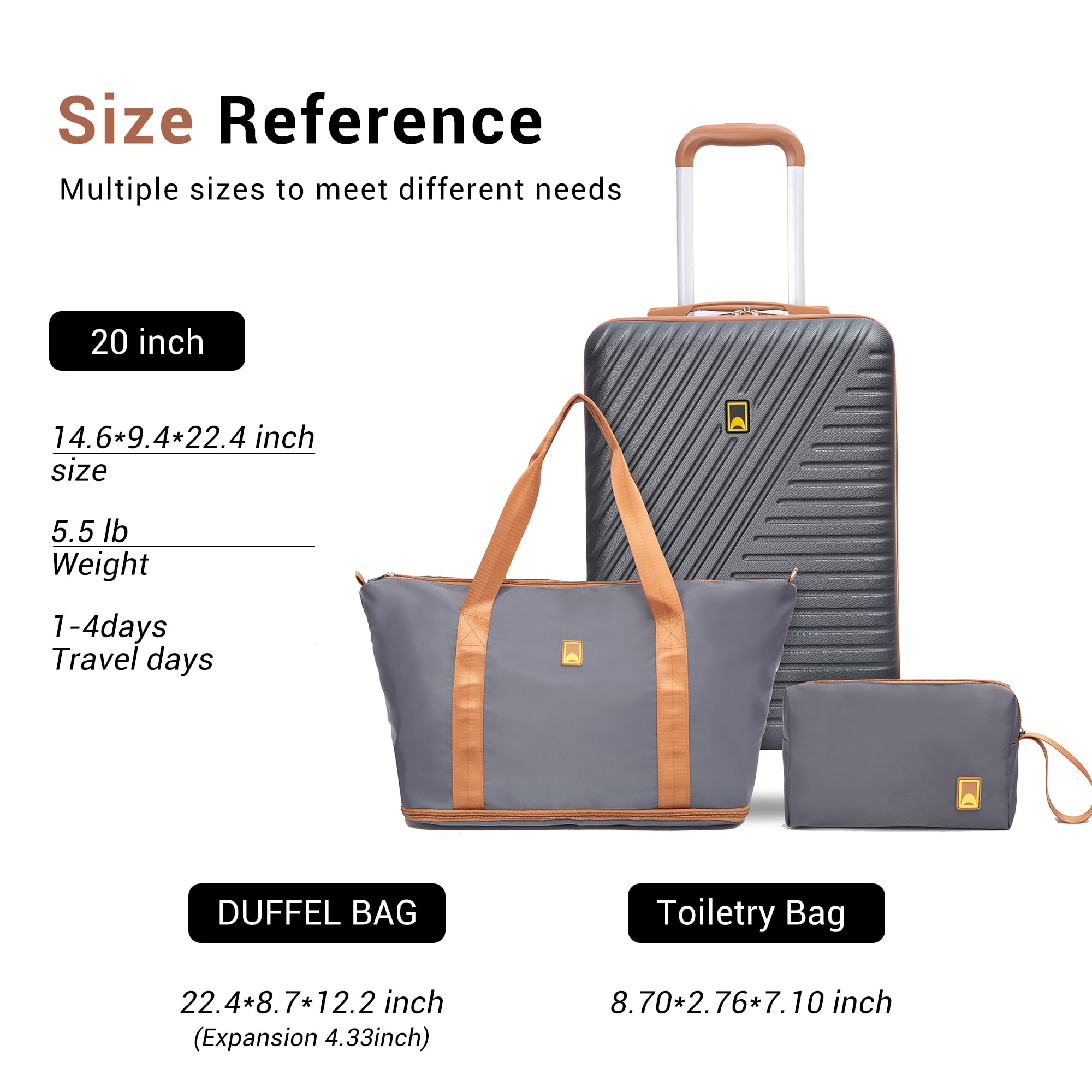 3 Piece Carry on Luggage Sets, Hardside Suitcase Set with Double Spinner Wheels, Expandable Travel Bag and Toiletry Bag, Gray