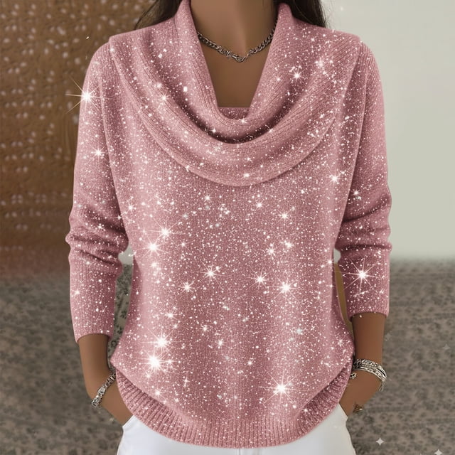 Cowl Neck Sweater Knit Fall Winter Clothes Lightweight Sweaters Basic Knit Pullover Tops Sparkly Sweaters Lightweight Pullover Sweaters for Women Lightweight Pullover Sweaters for Women Pink S