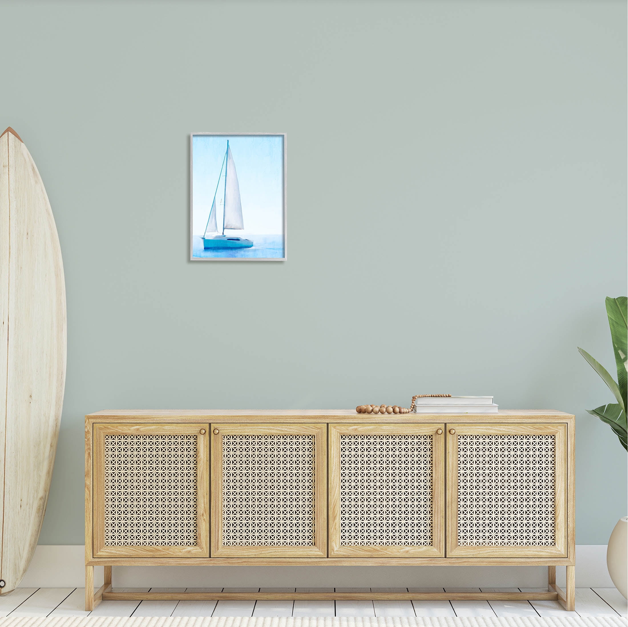 Stupell Industries Sailboat Drifting Blue Ocean Sky Graphic Art Gray Framed Art Print Wall Art, Design by Kim Allen