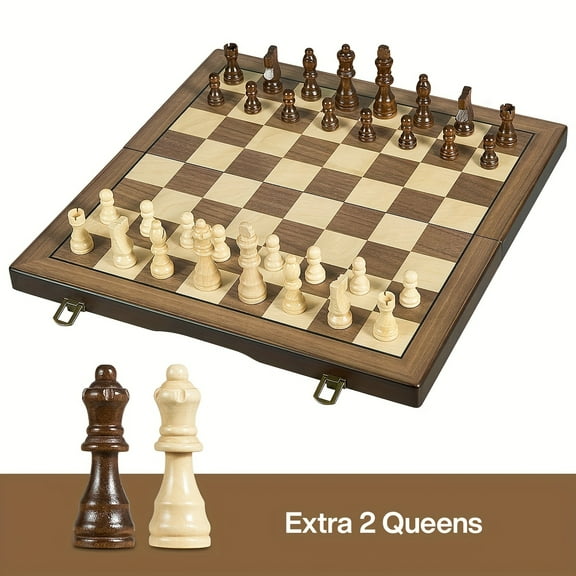 15" Portable Foldable Magnetic Wooden Chess Set | 2 Extra Queens Included | For Tournament Beginners & Professionals, Travel Board Game | Ideal Gift for Birthdays, Halloween & Christmas