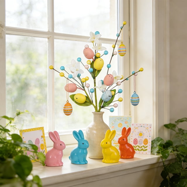 Easter Branch Decorations Multicolor Plastic Stems 15.75in • Vase Tabletop Window Display Décor • Holiday Party Centerpiece Depth Layering Accent