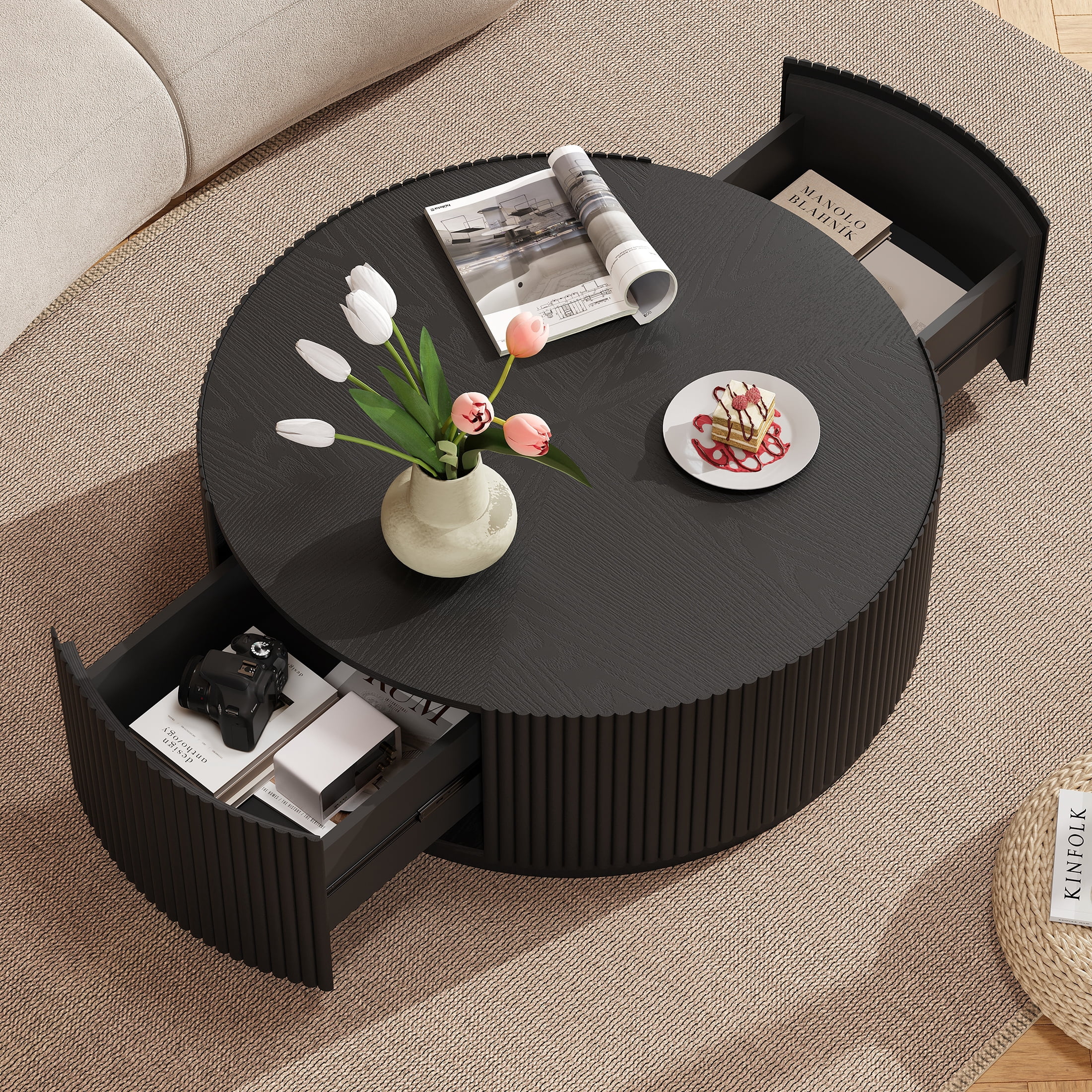 Gelloan 31.5" Round Coffee Table with Two Drawers，Circle Coffee Table Space-Saving Multiple Purpose for Living Room，Dining Room and Home,Black