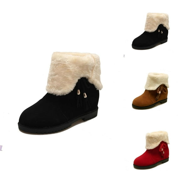 Women Cute Warm Short Boots Women's Winter Snow Suede Mid Heel Round Toe Ankle Booties Boots Fold Over Fringe Boots Low Heel Versatile Two Way Wear