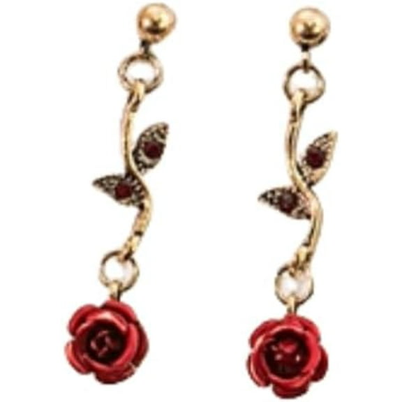 Red Rose 3D Flower Drop Earrings -CZ Sparkling Crystal Rhinestone Fashion Declaration Pendant Earrings Purple Long-flowing Tassel Party Gift for Women