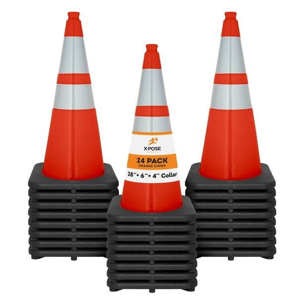 28 Inch Orange Traffic Cones with 6" & 4" Collar, 24Pack