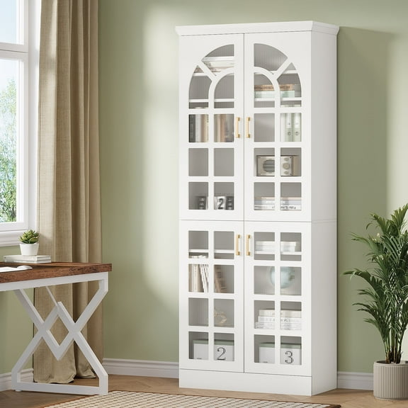 Finmind Storage Cabinet with Doors and LED Lights, 68.89" Tall Pantry Cabinet with Adjustable Shelves, Freestanding Modern Shelving Unit for Living Room, Bathroom, Kitchen, Office, Garage , White