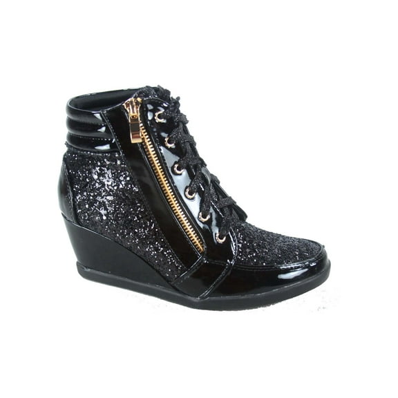 Forever Link Women's Casual & Dress Glitter Metallic Lace Up Wedge Heel, Silver, 8.5