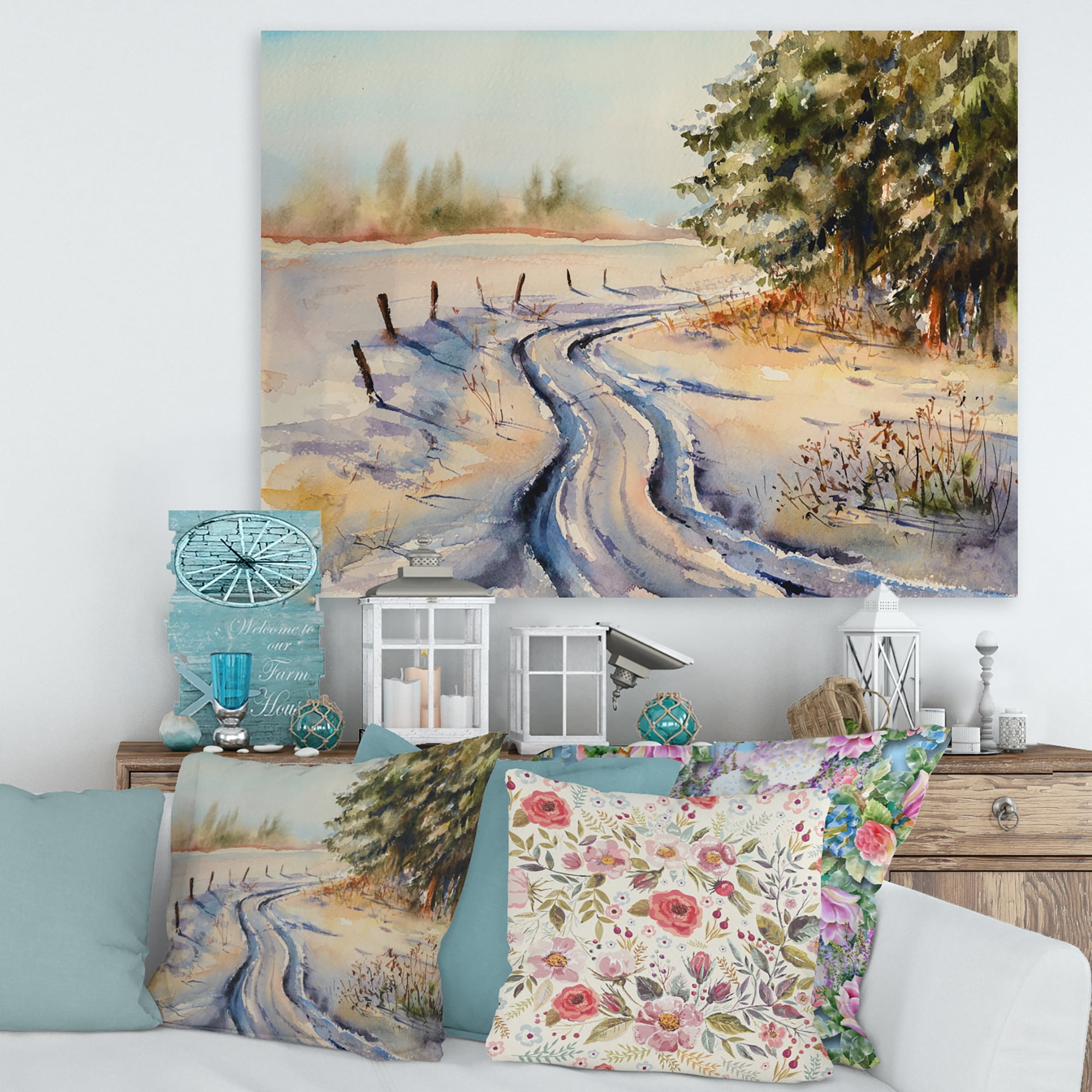 Designart ' Snowy Winter Forest Landscape Rural Road In Snow ' Traditional Canvas Wall Art Print