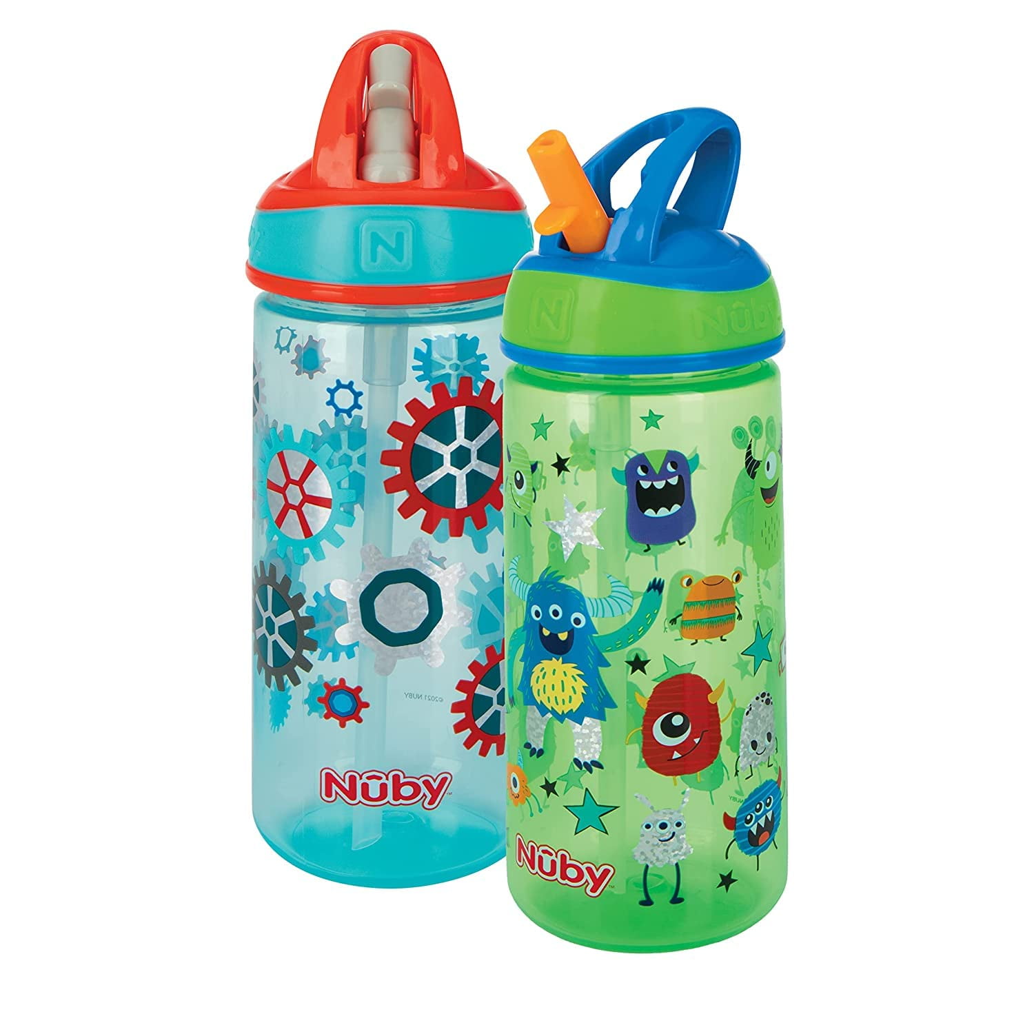 Nuby 2 Pack Iridescent Flip it Kids On The Go Printed Water Bottle with  Bite Proof Hard Straw - 18oz / 540 ml, 18 Months plus, 2 pk Robots/  Friendly