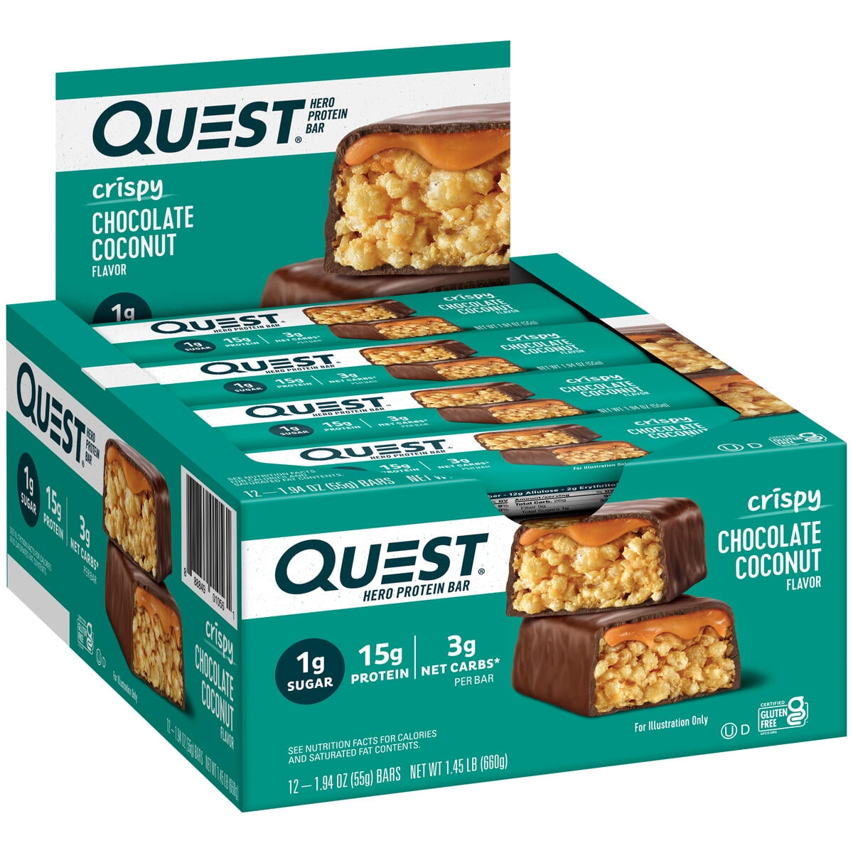 Quest Chocolate Coconut Crispy Hero Protein Bar, Gluten Free, 15g Protein, 1.94 oz, 12 Count