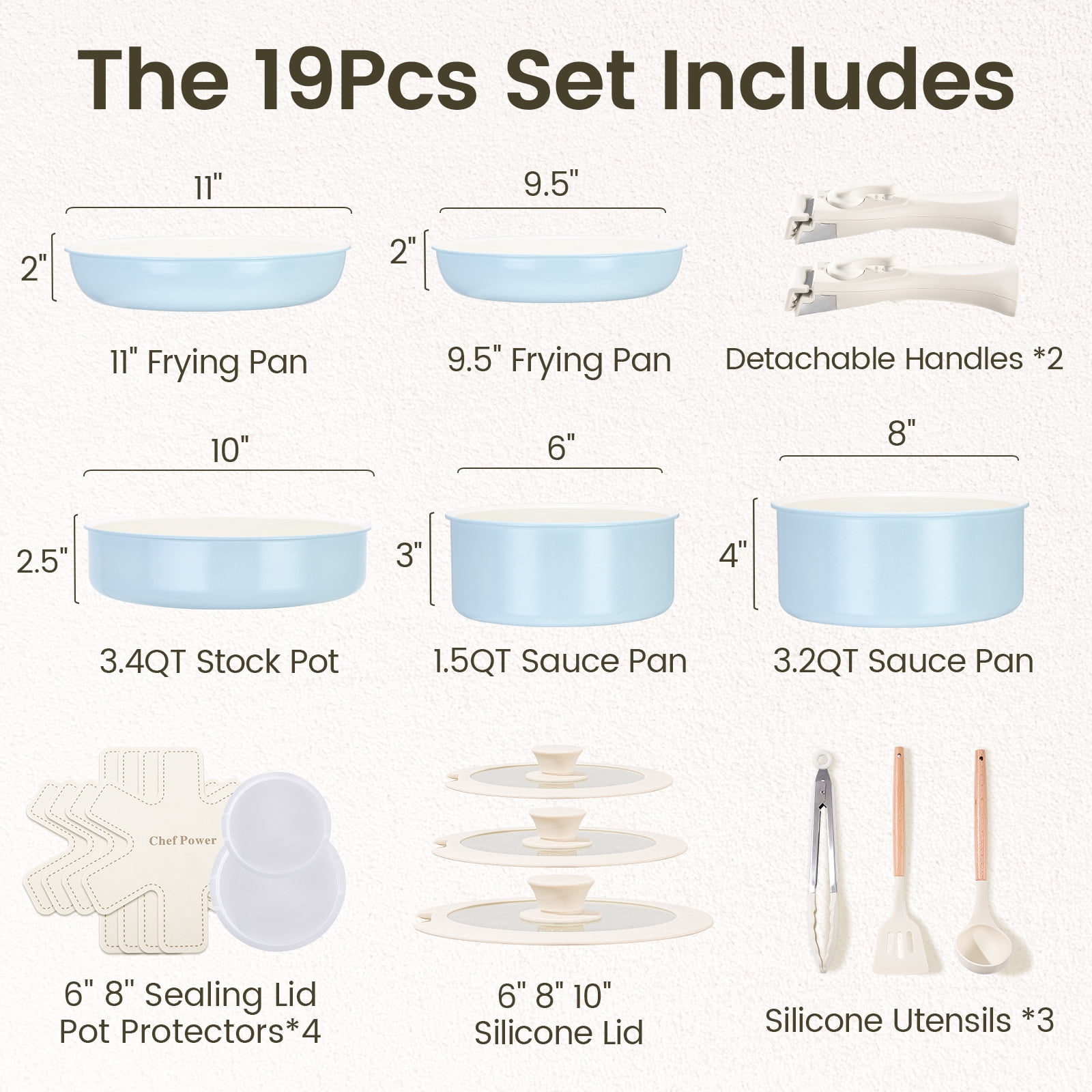 Chef Power 19pcs Pots and Pans Set, Nonstick Cookware Set, Ceramic Pan, Detachable Handle, RV Cookware Set, Induction Pan, Dishwasher, Oven Safe, Light Blue