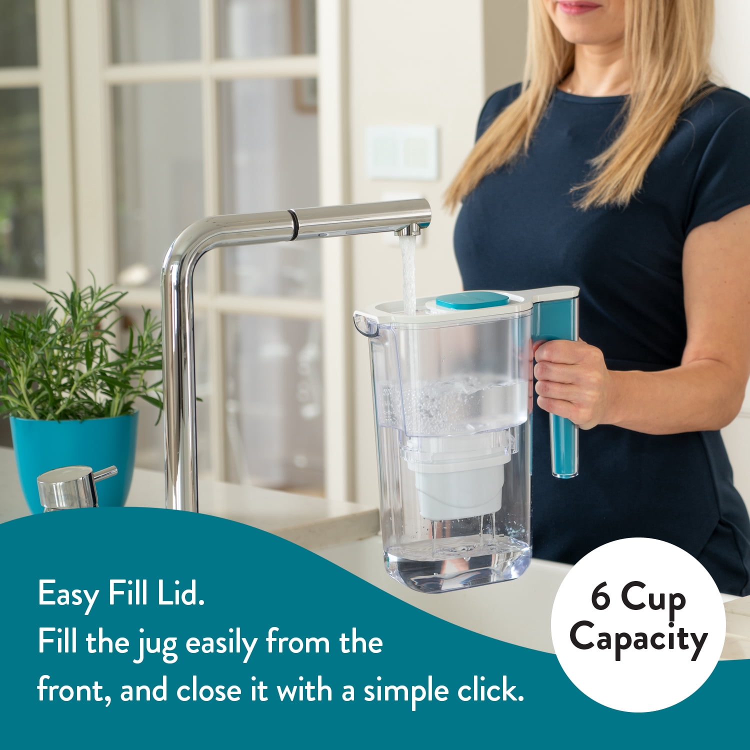 Perfect Pour 6 Cup Water Filter Pitcher by Aqua Optima, Ergonomic, Eliminates Splashes and Spills, BPA Free, WQA Certified, includes 3 Evolve+ Water Filters, Teal