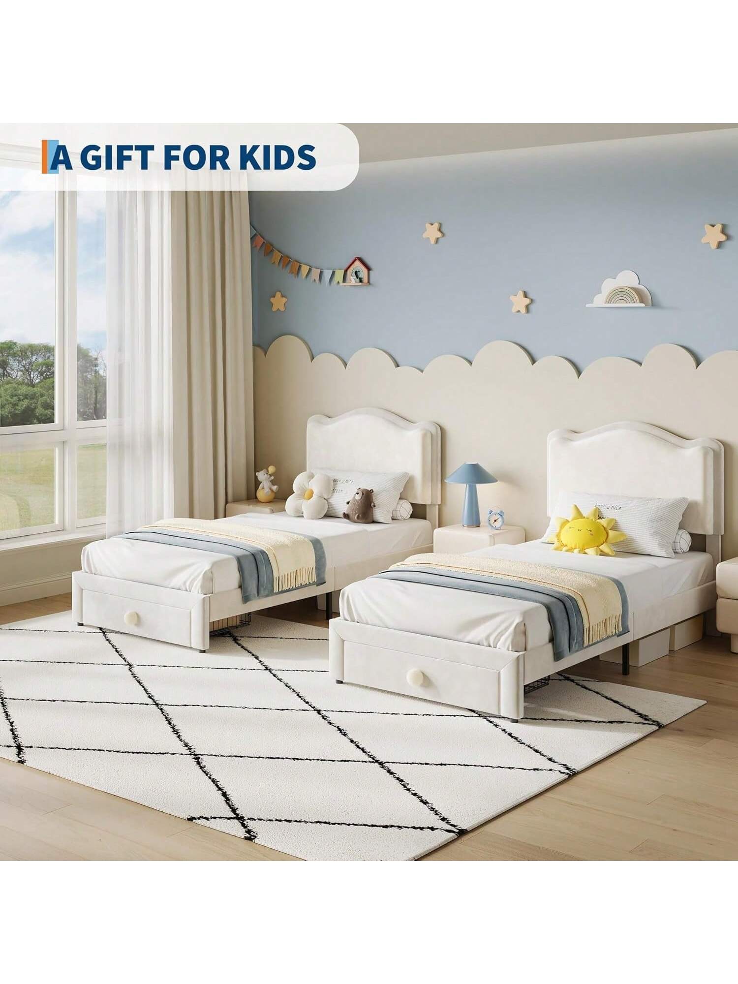 Twin Upholstered Bed Frame with Storage Drawer, Velvet Headboard, Princess Platform Bed, No Box Spring, White