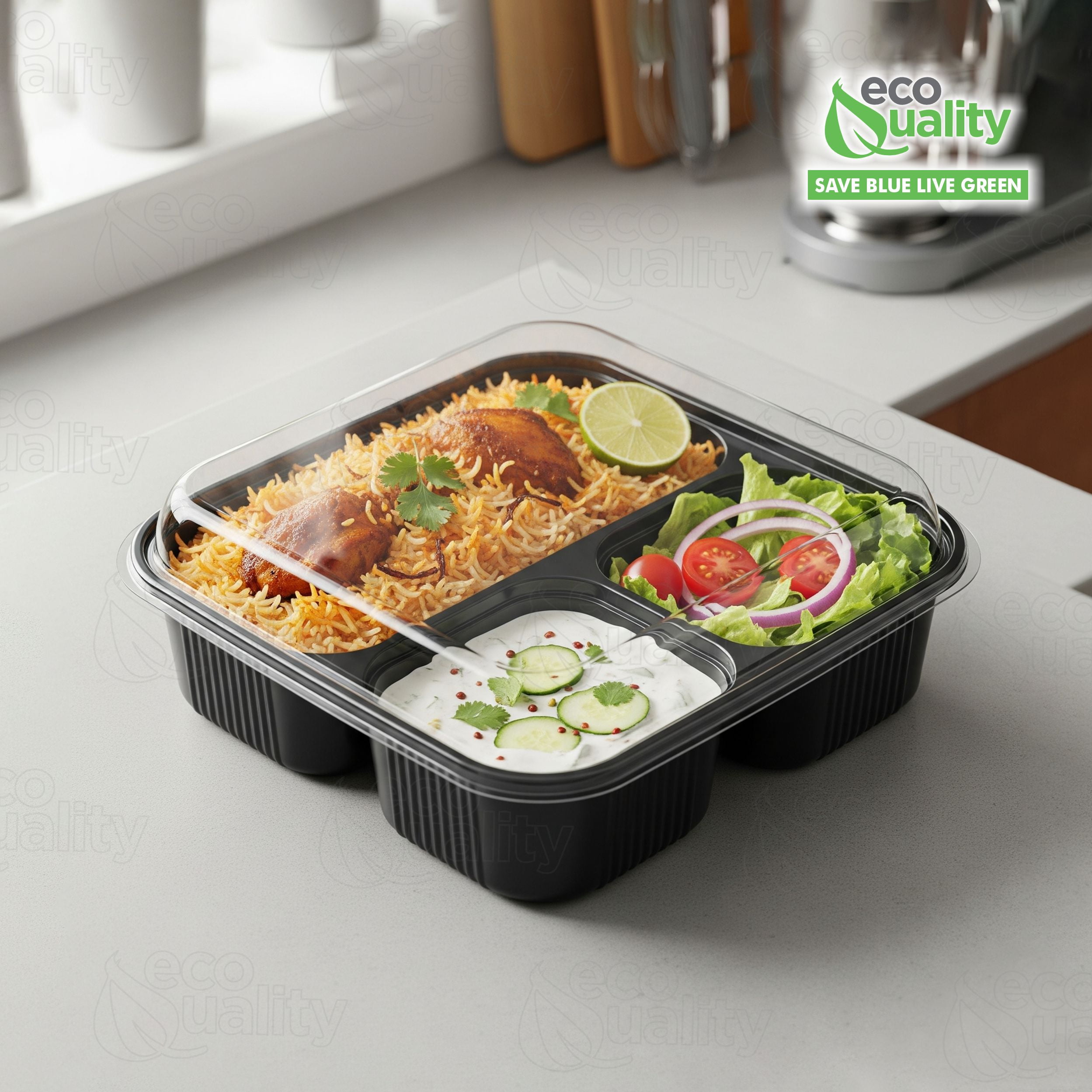 EcoQuality 36oz 8" 3 Compartment Square Black Container with Clear Dome Lid, Reusable Bento Box, Food Storage Containers | BPA Free | Stackable | Lunch Boxes, Microwave/Dishwasher/Freezer Safe (25)