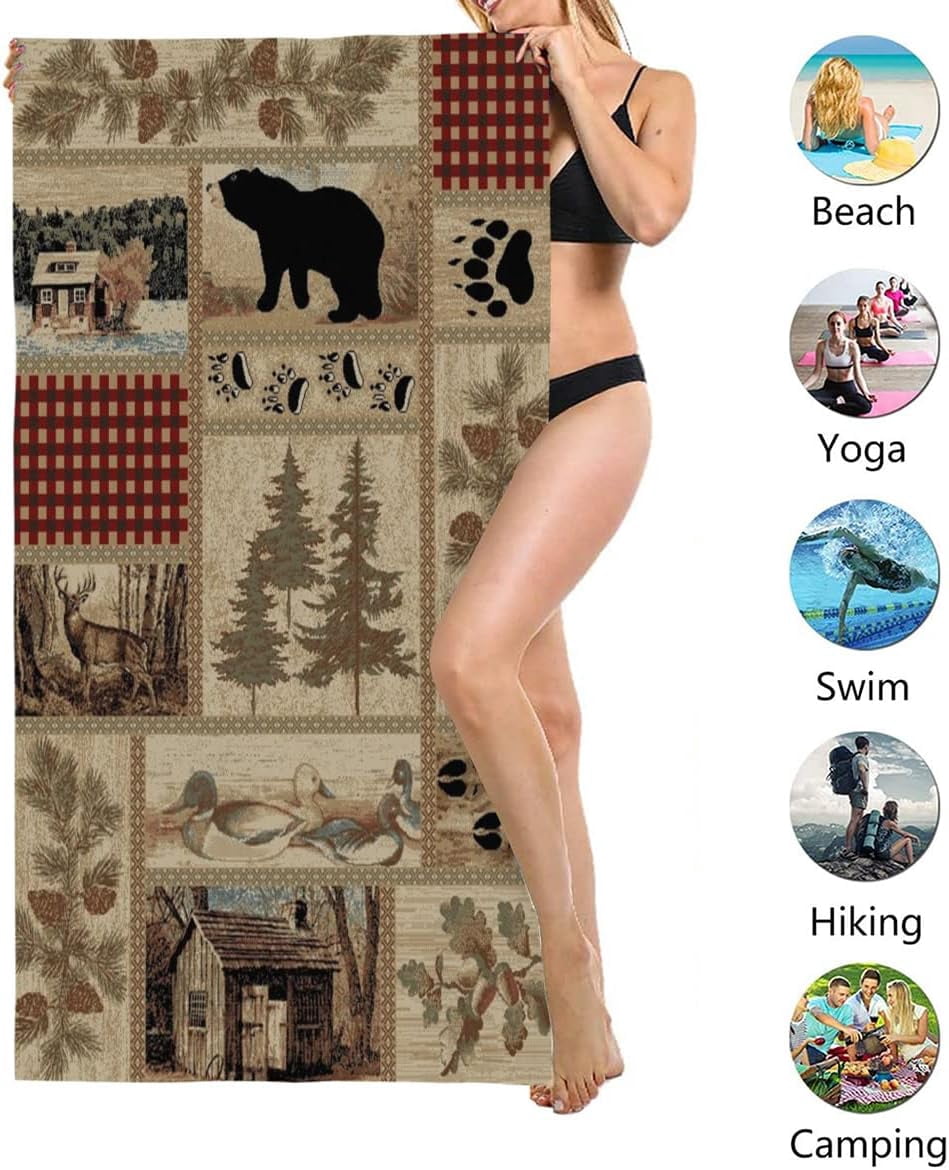 Retro Rustic Beach Towel, Moose Deer Bear Leaf Tree Country Style Farmhouse Microfiber Ultra Soft Quick Dry Highly Absorbent Bath Towels for Beach Party Outdoor Travel Swim Pool Yoga 33x52 Inch