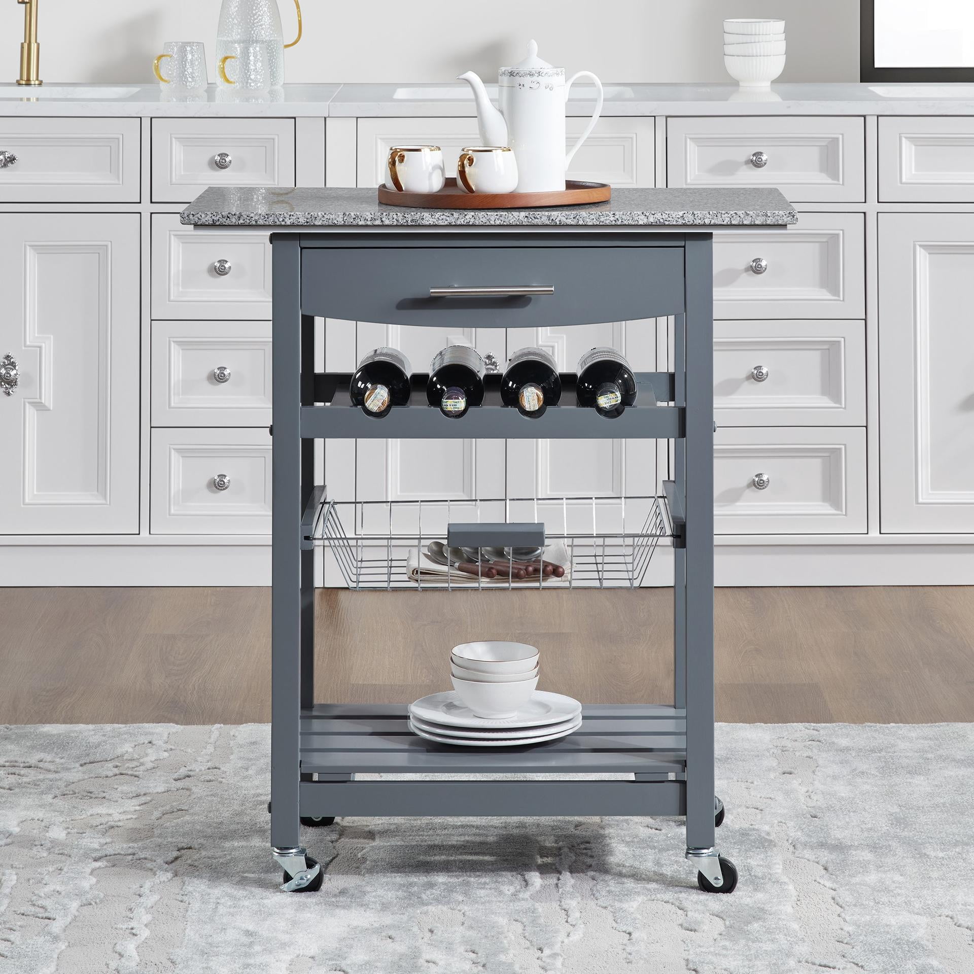 Mobile Rolling Kitchen Island Trolley Serving Cart with Underneath Drawer & Slide-Out Wire Storage Basket
