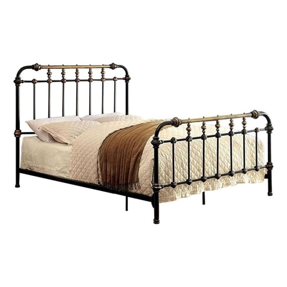 Benjara Metal Eastern King Bed with Gold Accent- Black