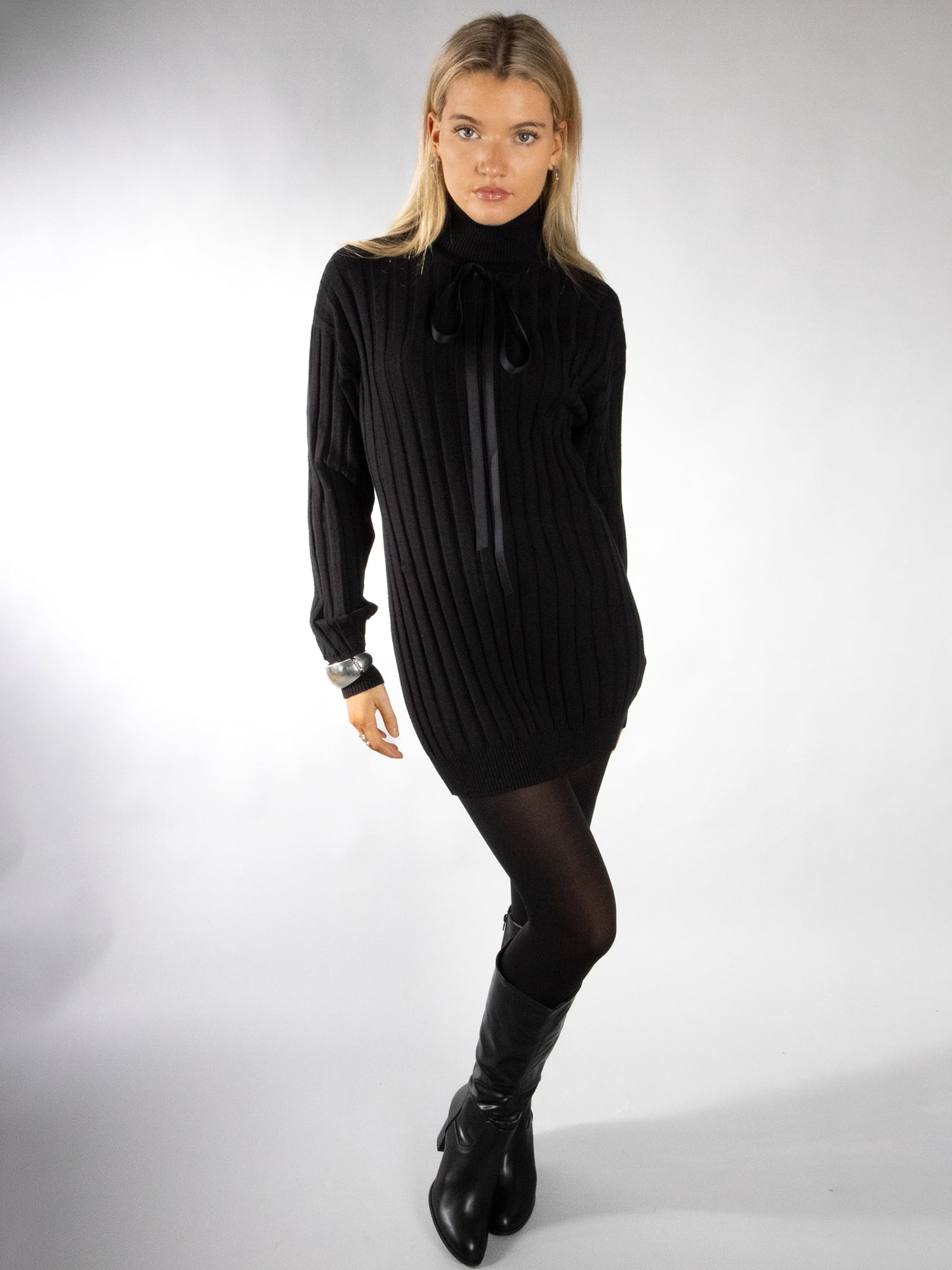 DARING DIVA Women's Stylish Turtleneck Long Sleeve Sweater Mini Dress XS Black