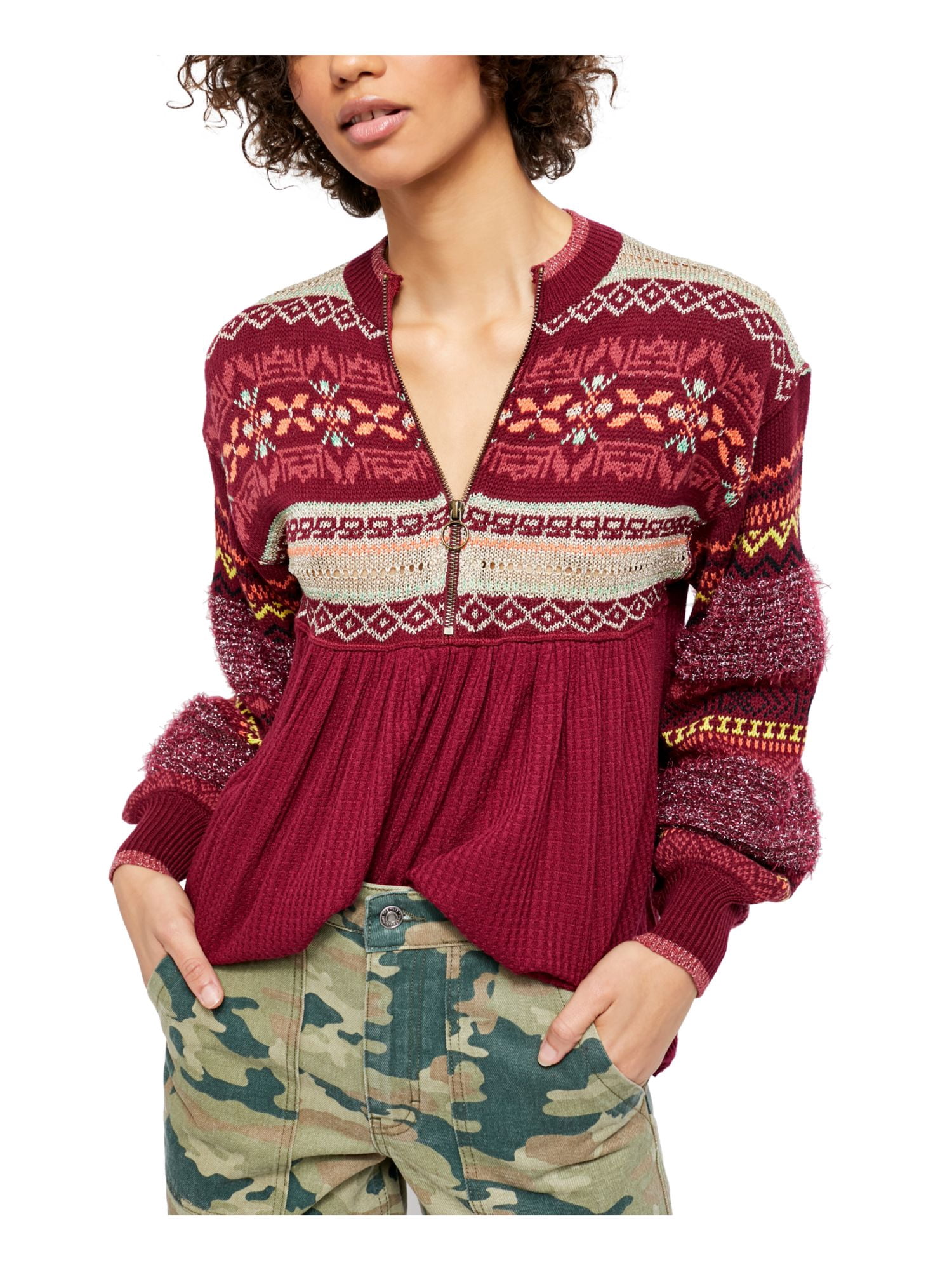 Free People Womens Cabin Fever Waffle Knit Printed Sweater Red S -  Walmart.com
