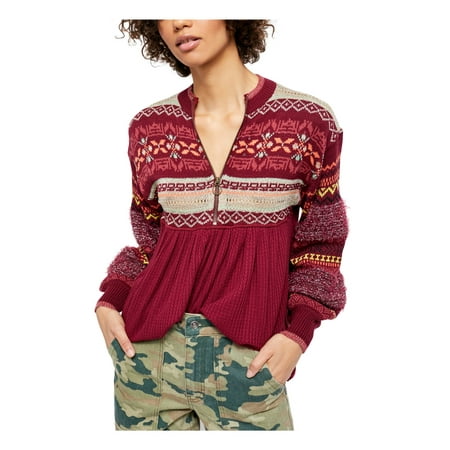Free People Women's Tribal Long Sleeve Zip Neck Sweater Red Size Small