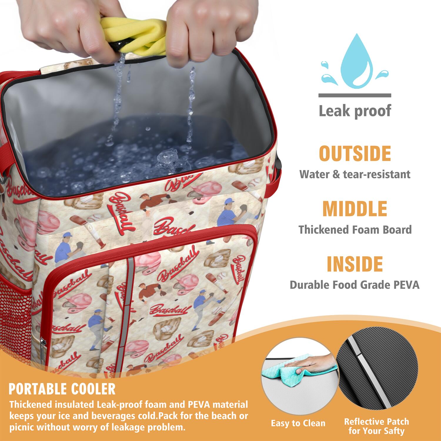 Travel Cooler Bag - Beige Baseball Elements Pattern Camping Beer Cooler Backpack with Bottle Opener- Waterproof Insulated Picnic Backpacks - Cooler Bag for Beach