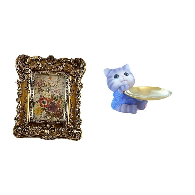Marco de fotos de gato floral tallado a mano, estatua de resina, soporte para imágenes, escultura antigua de mesa montada en la pared, figura de regal