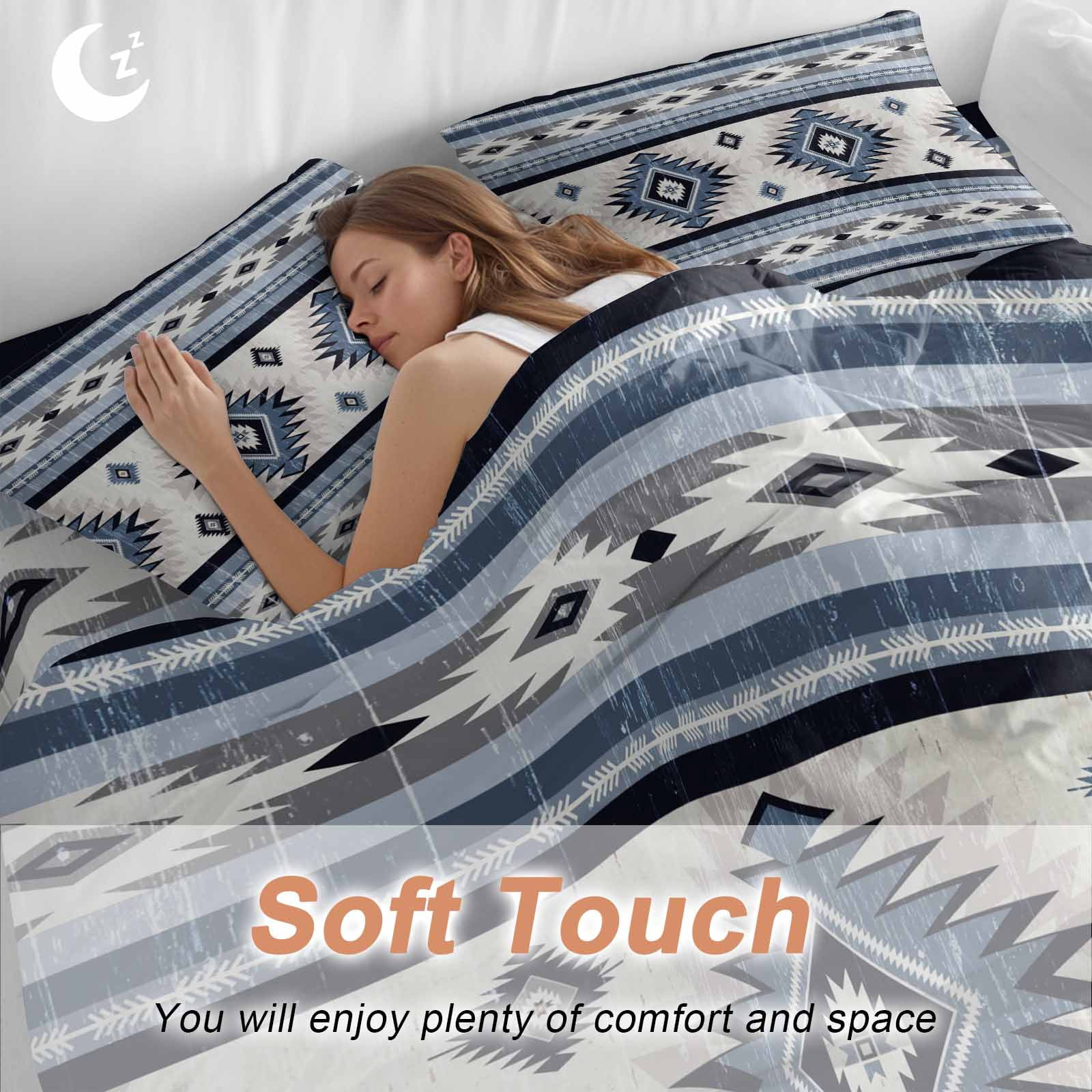 Blue Southwestern Bedding Duvet Cover Set King Size 4 Pieces Native Aztec Ethnic Style Geometric Bedding Set with Zipper Closure, 1 Comforter Cover 92x106 Inches 1 Flat Sheet & 2 Pillow Cases