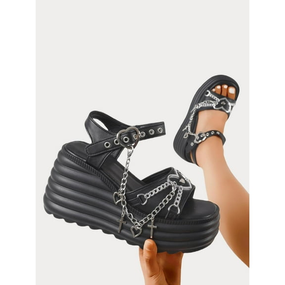 Y2K Style Spring Summer Slope Heel Thick Bottom Comfortable Casual Women's Sandals Gothic Cross Chain Platform Detail