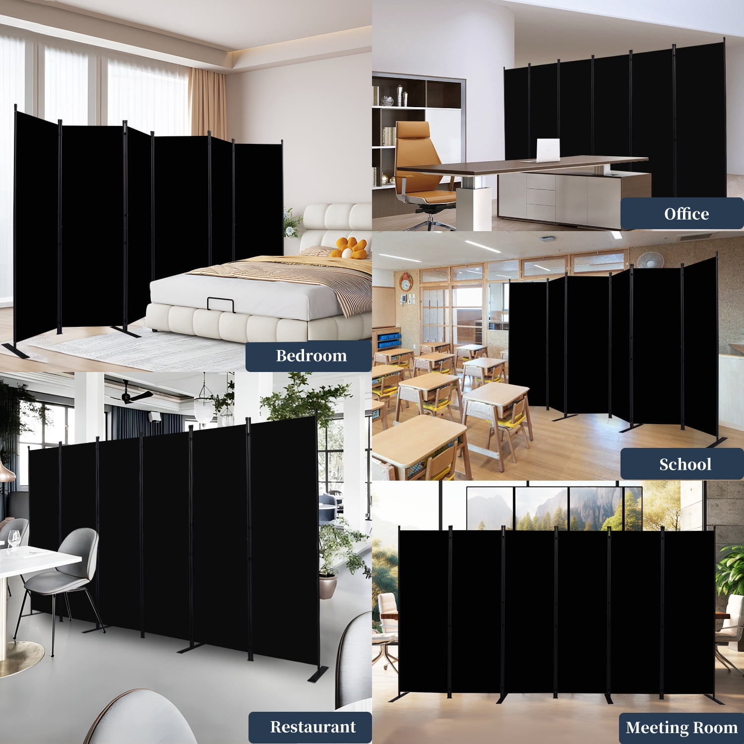 JVVMNJLK 6 Panel Partition Room Dividers 88" Room Divider Wall Screen, Black