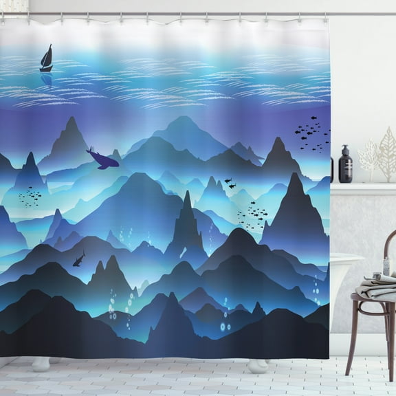 Ocean Shower Curtain, Digital Illustration Underwater Landscape, Fabric Bathroom Set with Hooks, 69W X 84L Inches Extra Long, Violet Blue Sea Blue, by Ambesonne