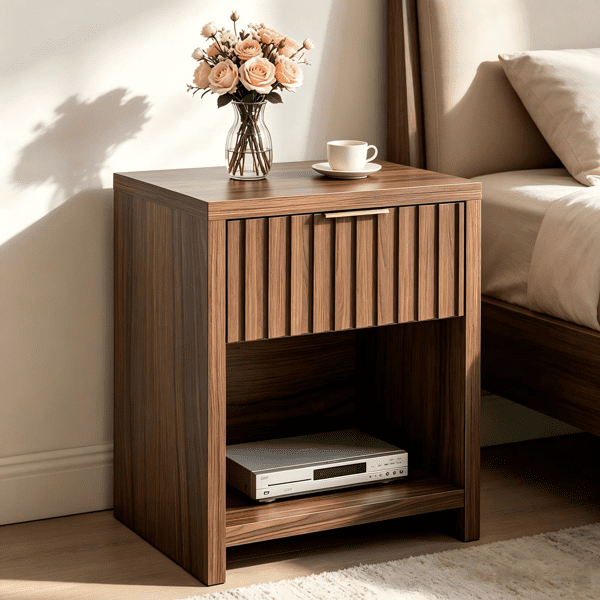 Dark Brown Honeycomb‑Structured Nightstand MDF Lightweight Bedside Table with Smooth Drawer & Open Shelf Minimalist Compact End Table for Bedroom Living Room Small Space