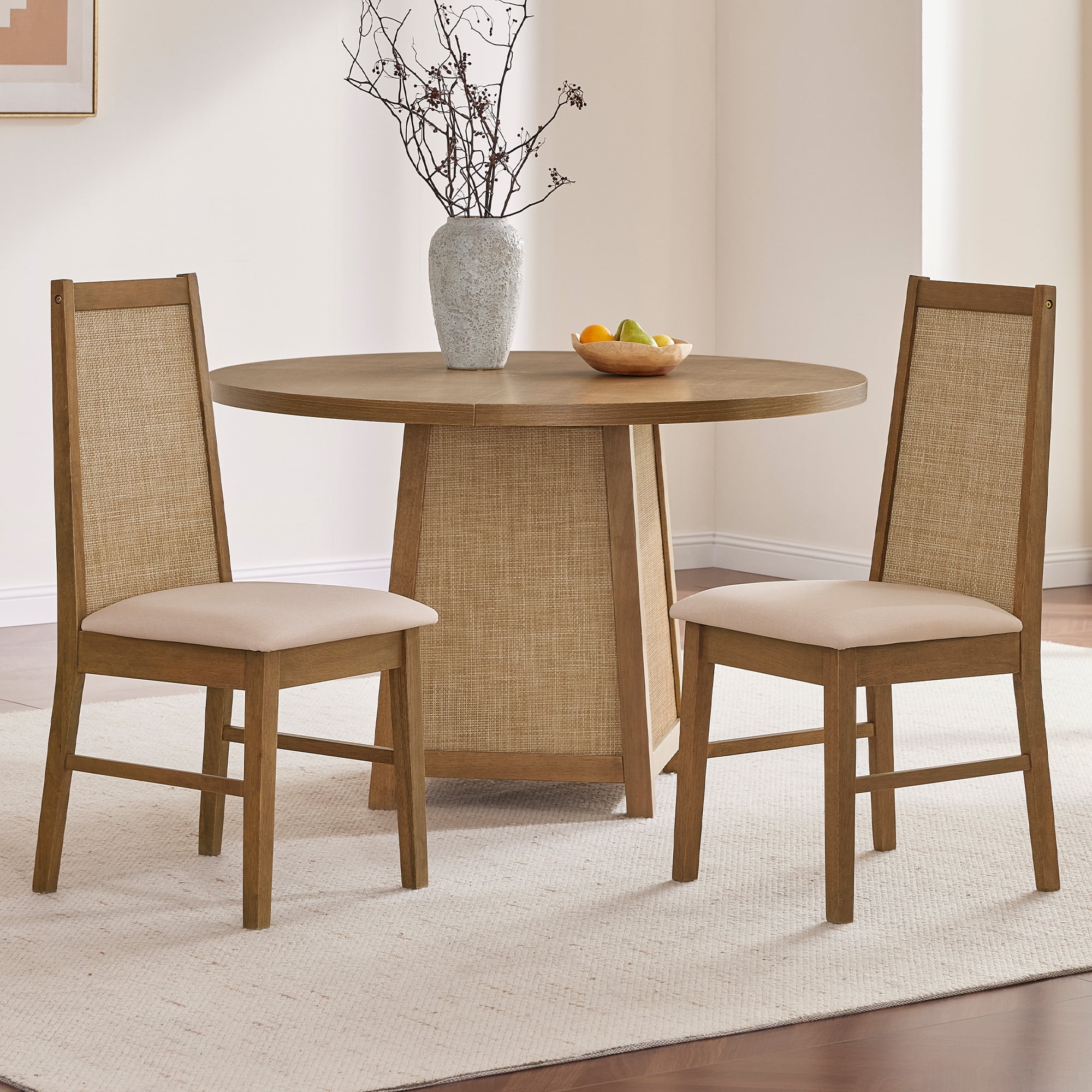 SICOTAS Mid Century Modern Solid Wood Dining Chairs Set of 2, Farmhouse Upholstered Kitchen Chairs with Natural Rattan Backrest & Removable High-resilience Cushion for Dining Room, Living Room