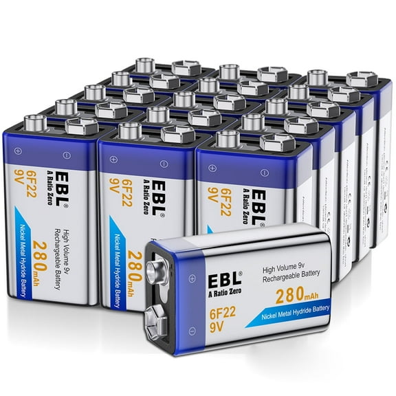 EBL 16-Pack 280mAh Nimh Rechargeable 9V Batteries for Flashlight Toys