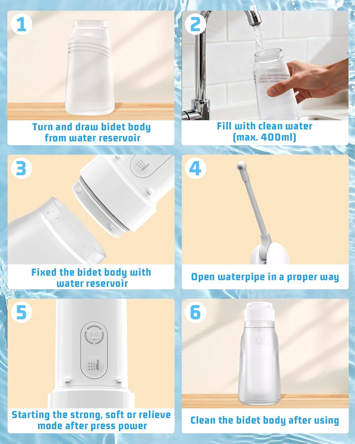 Portable Bidet for Travel with 400ml Bottle, Rechargeable Electric Travel Bidet with 3 Pressure Modes, Waterproof Handheld Bidet Sprayer for Women Men Baby Cleaning